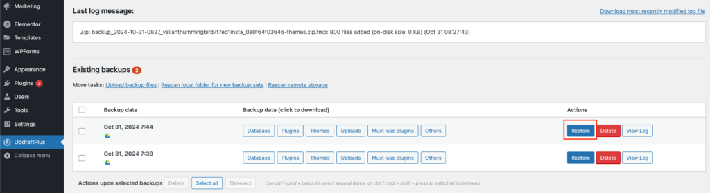 Restoring backup from Existing Backups